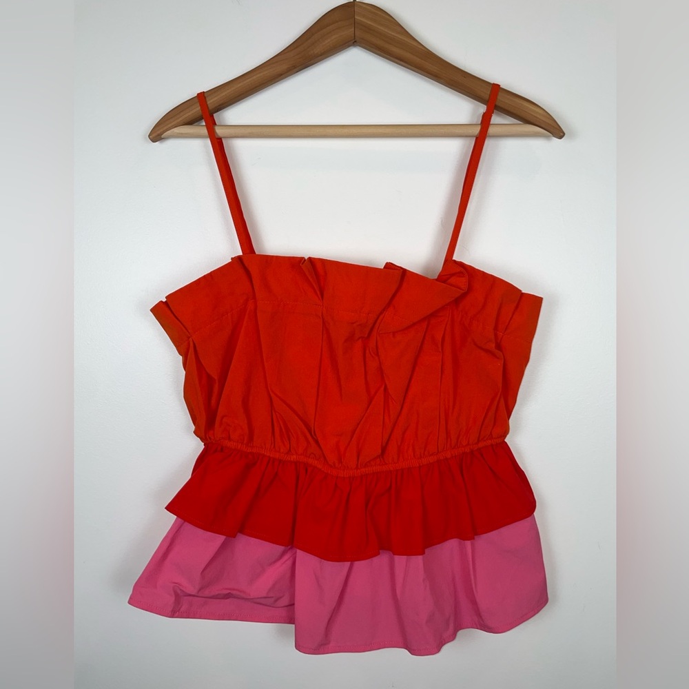 TCEC Red Pink Orange Colorblock Ruffle Peplum Cami Top Size L Summer Feminine